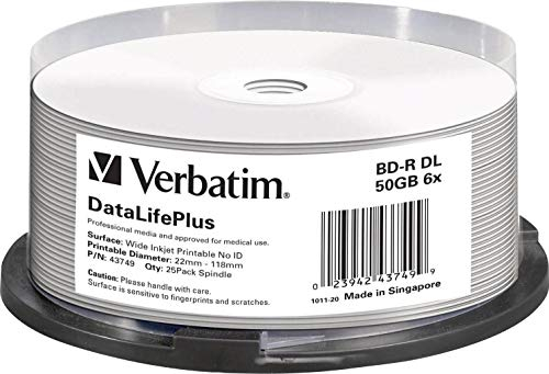 Verbatim BD-R DL Blu-ray Rohlinge 50 GB, Blu-ray-Disc mit 6-facher Schreibgeschwindigkeit, 25er-Pack Spindel, großflächig bedruckbar, Blu-ray-Disks für Video- und Audiodateien
