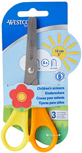 Westcott Kinderschere Gelb Linkshänder | Schere mit integrierter 5 cm Skala | Bastelschere 13 cm (5) ideal für Kinderhände | Sicherheit durch abgerundete Spitze | E-21593 00