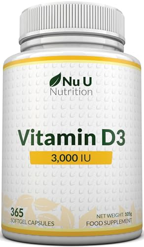 Vitamin D 3000IU - 365 Softgel Capsules - 1 Year Supply - Triple Strength Vitamin D3 Supplement - High Absorption Cholecalciferol - Made in the UK - Nu U Nutrition