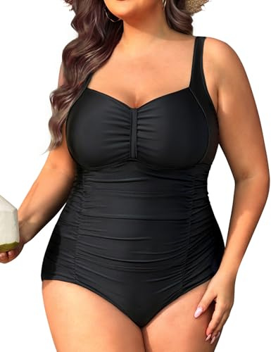 Daci Women Plus Size One Piece Swimsuits - Tummy Control Black Retro Ruched Bathing Suits Vintage Swimwear 16 Plus
