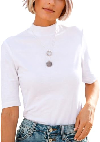 Dressmine Women's Summer Slim Fitted Plain T Shirt Casual Half Sleeve Mock Turtle Neck Tops Blouse White Large