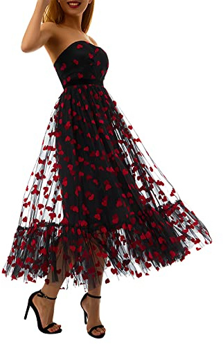 Vestido sin tirantes con estampado de corazón para mujer, vestido de verano con hombros descubiertos de malla, vestido de día de San Valentín, vestido de tul en capas Midi, Negro, M