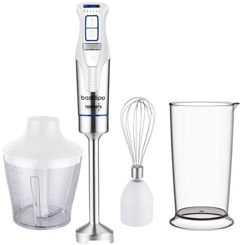 Bastilipo - TURBOMIX-1200ACC Stabmixer, 1200 W, 4 Edelstahl-Backbleche, Stabzerkleinerer und Zerkleinerer, Weiß/Stahl