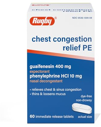 Rugby Chest Congestion Relief PE Guaifenesin 400 Mg/Phenylephrine HCl 10 Mg - Expectorant Nasal Decongestant - Relieves Chest and Sinus Congestion - 60 Immediate Release Tablets
