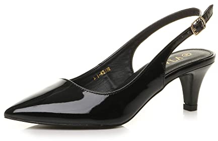 AJVANI Womens Ladies Low Heel 50s Slingback Buckle Pointed Open Back Shoes Size 5 38 Black Patent