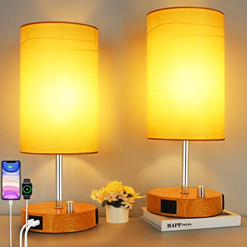Allesgute LED Nachttischlampe 2er Set mit Ladefunktion, Dimmbar Tischleuchte mit USB A+Typ-C, Holzmaserung E27 Tischlampe Rund für Schlafzimmer, Wohnzimmer, Geschenk (inkl. 8W Warmweiß LED-Birne)