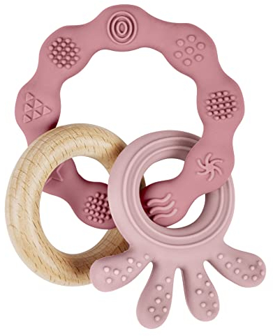 Vicloon Beißring für Babys, Beißring Spielzeug aus Silikon und Holzringe, Baby Zahnungshilfe BPA-frei, Schmerzlindernde Zahnen Nursing Zubehör für ab 3 Monaten Babys(Krake Hellpink)