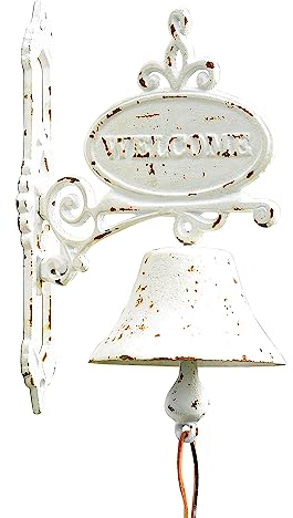 Sungmor Campana de cena de hierro fundido rústico blanco para colgar en la pared, campana de puerta exterior, timbre decorativo, campana de cena montada en la pared para interiores y exteriores