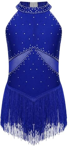 iiniim Vestido de Patinaje Artístico sobre Hielo para Niña Maillot Ballet con Falda sin Hombros Halter Traje Gimnasia Brillante Diamante Malla Empalme Azul A 11-12 años