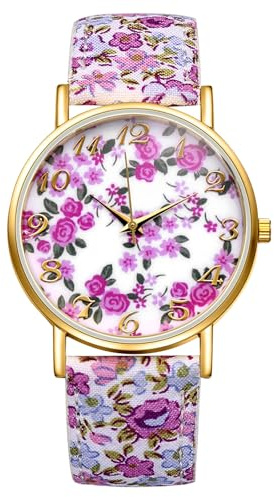 JewelryWe Orologio da Ragazza Donna da Polso: Orologio Estivo Disegno Fiore Cinturino in Pelle Numero Grande Facile da Leggere