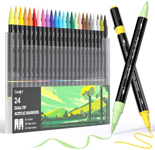 JusArt 24 Acrylstifte mit Doppelspitze, Pinsel und feine Spitze, Acrylic Marker Wasserfest, Premium-Farbstifte für Holz, Leinwand, Eier, Stein, Stoff, Felsen, Metall, Glas, Keramik,Geschenke