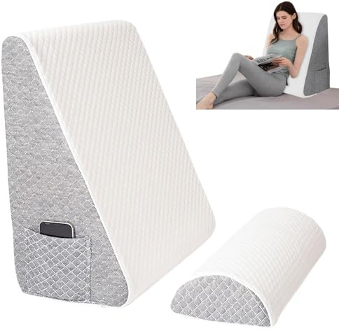 Almohada de cuña, juego de 2 almohadas de cuña de cama, cojín inclinado de espuma viscoelástica extraíble con reposacabezas para elevación de piernas, soporte de espalda, reflujo ácido, ronquidos