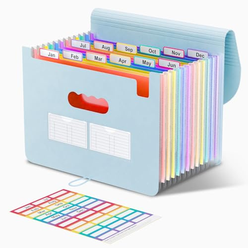 ThinkTex Dokumentsorterare, 12 fickor arkivmappar, bärbar sorteringsmapp för månatliga kvitton, Letter/A4-storlek för kontor, hem, skola – Morandi Blå