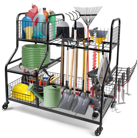 Kalolary Organisateur d'outils de jardin en métal | Chariot de rangement multifonction pour abri de jardin, garage, cour, cave et pelouse