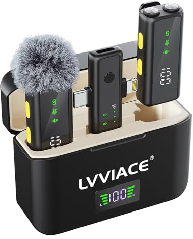 LVVIACE Micrófono inalámbrico para iPhone, iPad, Android (Lightning/USB C), micrófonos duales y funda de carga con pantalla digital, reducción de ruido inteligente, duración de la batería de 45 horas