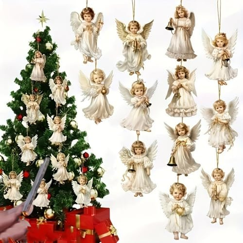 Vintage Angel Christmas Hanging Ornaments Set, 2D Flat Wooden Pendant Angel Tree Decorations with Various Poses, Christmas Hanging Decor Gifts for Home, Holiday Seasonal Decor Accessories 36 Pcs