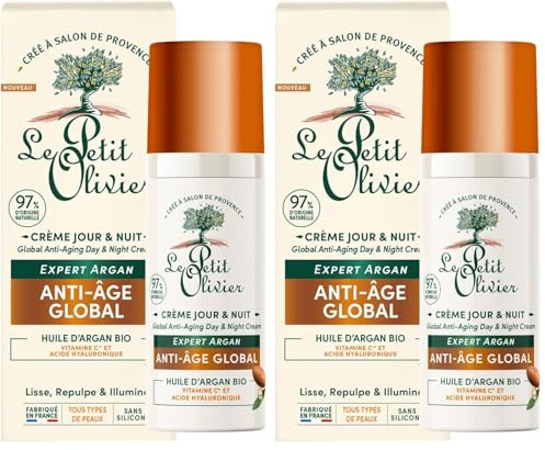 LE PETIT OLIVIER - Crème Jour & Nuit Anti-Âge - Huile d'Argan, Vitamine C & Acide Hyaluronique - Lisse Repulpe & Illumine - Tous Types De Peaux - 97% D'Origine Naturelle - Fabriqué en France - 50 ml