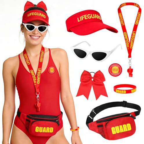 SelfTek 7 Pcs Lifeguard Costume Accessories, Lifeguard Hat Guard Whistle Waist Bag Sunglasses Bracelet Badge Bow Headband Life Guard Costume Fancy Dress for Women Beach Pool Halloween Party