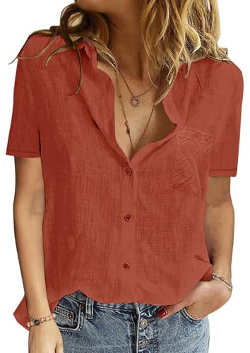 PASUDA Chemise Femme Haut ÉTÉ pour Femmes Chic et Élégant Coton Lin T-Shirt Manche Courte Col en V Chemisier Tunique Tops avec Boutons D'été Décontractés Ample Couleur Unie Blouse