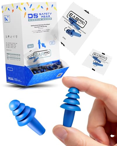 Paire de bouchons d'oreilles réutilisables et détectables bleus avec cordon en tissu SNR 32 dB – Métallique détectable pour l'industrie alimentaire – Protection contre le bruit réutilisable