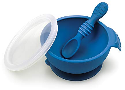 Bumkins First Feeding Set - Bowl With Suction Base, Lid, Spoon, Baby Led Weaning, BPA-Free, Microwave/Dishwasher/Freezer Safe, 100% Silicone, Deep Blue