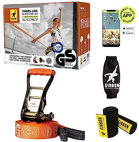 Gibbon Slacklines Travel Line | Leichtes, Kompaktes 15m Slackline-Set für Anfänger & Fortgeschrittene | TÜV-geprüft | inkl. Ratschenschutz & TreeWear | Ideal für Reisen & Urlaub