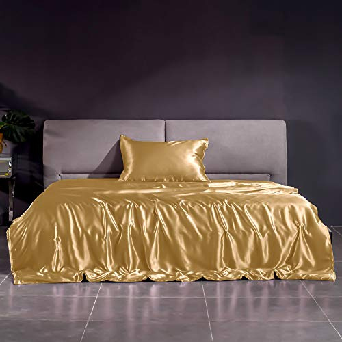 THXSILK 22 Momme Seidenbettwäsche Set 2 teilig, Bettbezug 155 x 220 cm und Kissenbezüge 40 x 80 cm, Hypoallergen Maulbeerseide Bettbezug Set, Ultra Weich und Glatt, Gold