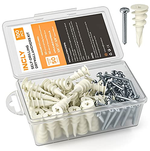 INCLY 100 PCS Plasterboard Fixings Screws and Raw Plugs Kit, Heavy Duty Plaster board Wall Plug with Metal Screws Set for Drywall Hangings Stuff with Assorted Case