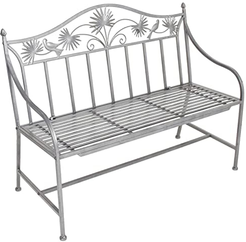 H4L Gartenbank Metall silberfarbig Optik Hammerschlag Sitzbank Antik Gartenmöbel Terrassenmöbel B=111/H-84/T-52cm