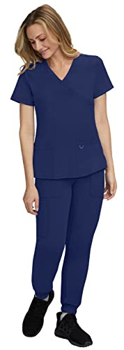 STAT MEDICAL WEAR Scrub Set for Women with 2 Pocket Crossover Scrub Top with 5 Pocket Jogger Pant Scrub - 110210, XS, Navy