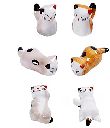 6 Stück Katze Stäbchen Halter, Stäbchen Rest Gabel Halter, Gabel Messer Halter Handwerk Ornamente, Gelten Für Hauptdekoration Geschenk Set(Gelb und Grau)