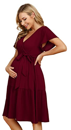 KOJOOIN Damen Umstandskleid V-Ausschnitt Stillkleid Casual Schwangerschafts Kleider mit Rüsche Burgundy(Kurzarm) M