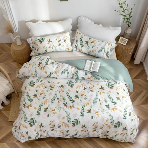 MILDLY Bettwäsche 200x200 Baumwolle, Bettwäsche-Sets mit Pflanzenmuster, Reißverschluss, ÖkoTex Zertifiziert, Enthält 1 Bettbezug 200x200 und 2 Kissenbezug 80x80, Grün(Kaelyn)