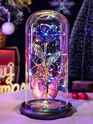 Mothers Day Mom Gifts for Mom Women Birthday Gift Galaxy Glass Rose in Glass Dome Forever Eternal Crystal Flowers with Butterfly Mother's Day Flower Gifts for Women Wife Grandma Daughter Sister Purple