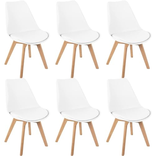 HJhomeheart Juego de 6 Sillas de Comedor, Patas de Madera Maciza, Cojín de Silla Extraíble, Silla de Cocina, Silla Moderna (Blanco-6)