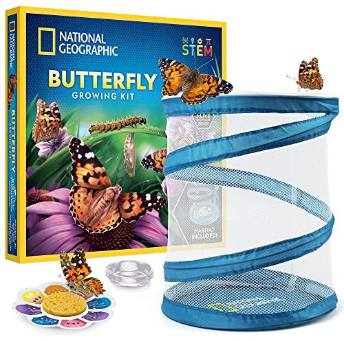 National Geographic Butterfly Growing Kit - Butterfly Habitat Kit with Voucher to Redeem 5 Caterpillars (S&H Not Included), Butterfly Cage, Feeder, Easter Basket Gifts for Kids