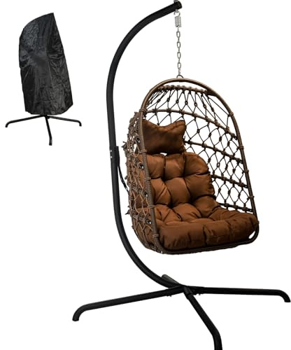 LKINBO Fauteuil Oeuf Suspendu pour l'Extérieur et l'Intérieur - Rotin Chaise Suspendue sur Pied - Pliable Balançoire de Jardin - Chaise à œuf en Osier avec Coussin Capacité 160 kg, Marron