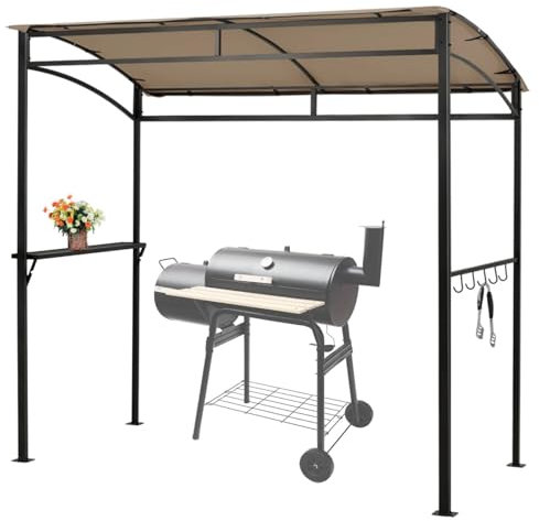 SPOTRAVEL BBQ Grill Gazebo, Outdoor BBQ Shelter with Side Shelf & 5 Hooks, Metal Frame Sunshade Awning Canopy Tent for Garden Patio Backyard (Brown, 216 x 108cm, no Extra Shadow)