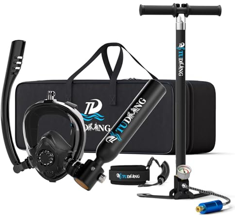 TUDIVING-0.5L Set bombola per immersioni subacquee, mini bombola di ossigeno con maschera da snorkeling integrale, kit da viaggio portatile per immersioni (S200Plus Black-A1)
