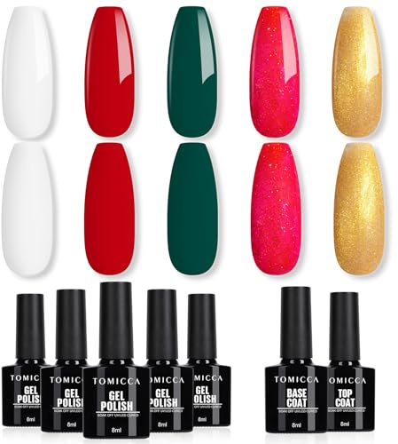 TOMICCA UV Nagellack-Set, 5 Farbige Gel Nagellacke mit Base & No Wipe Top Coat, Rot, Weiß, Glitzer, Grüner, Gold Nagellack, Soak-Off UV/LED, Starter-Kit Geschenk fürs Französische Nagelstudio, 7 x 8ml
