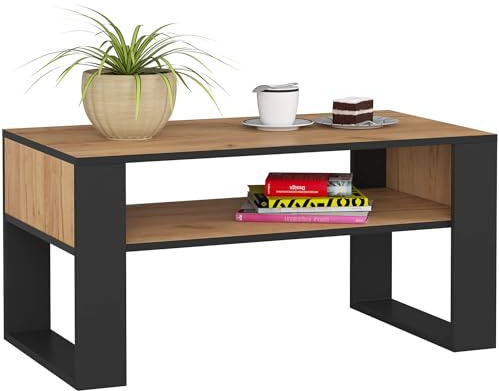 AKORD DOMI Mesa de Centro Roble Craft 92 cm, Frontales, Negro Mate, 92x53x45 cm
