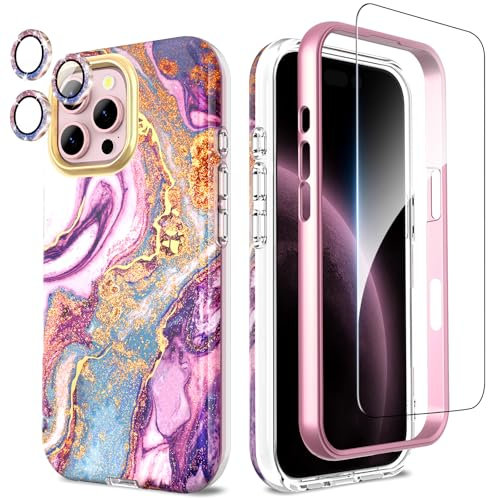 SHEDEER for iPhone 16 Pro Max Case with Screen Protector + Bumper & Camera Protector, TPU Shockproof 360° Protection, 16 Pro Max Cases Glossy Fade-Resistant Pattern Phone Case 16 Pro Max, Purple