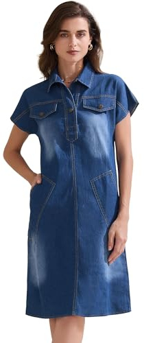 Allegra K Vestido de mezclilla para mujer, casual, manga corta, cuello en V, mini vestidos de mezclilla, azul vaquero, S