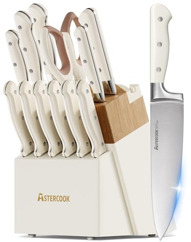Knife Set,Astercook Kitchen Knife Set with Block 14-Piece Full Tang Stainless Steel Knives with Sharpener Dishwasher Safe and Anti-Slip Ergonomic Handle Valentine's Gift Utensils Set