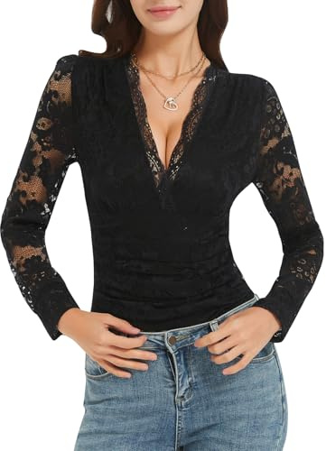 Soudittur Body Femme en Dentelle, Bodysuit Encolure en V Manches Longues – Body Sexy Chic Élégant Dentelle Top pour le Bureau et les Soirées (Noir, L)