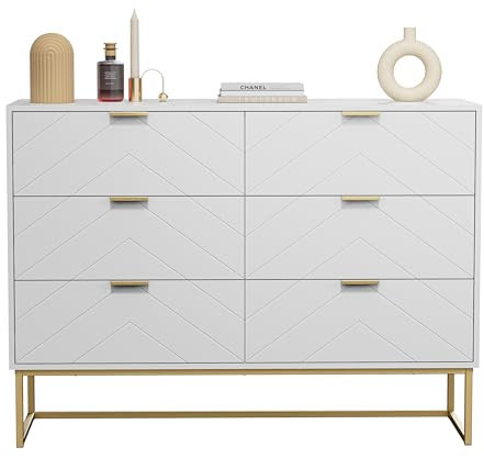 UEV Kommode mit 6 Schubladen Schrank Holz mit Kippsicherung Metallfuß Highboard Sideboard Schmal kommode Beistellschrank für Wohnzimmer Schlafzimmer,Flur 100x34x73,5cm weiß