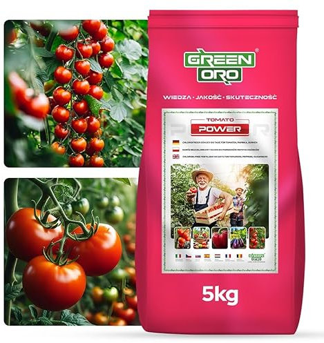 GREEN ORO TOMATO POWER 5KG – Engrais spécial pour tomates, poivrons, courgettes, aubergines, pommes de terre, concombres et citrouilles – Effet prolongé jusqu'à 100 jours.