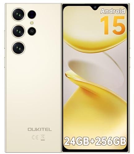 OUKITEL C61 Pro Telefonos Moviles Libres - Android 15 Smartphone, 24GB+256GB/1TB, 6.88 Pantalla HD+ 90Hz Telefono Movil, Batería 5150mAh, Cámara 13MP Moviles, 4G Dual SIM, NFC/GPS/Altavoz 95 dB, Oro