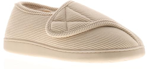 Dr Keller Wide Fit Women's Slippers - Slip-On Diabetic Slippers Women Boasting Warmth & Comfort with Touch Close Fastening, Fur Lining & Cushioned Insole Beige 7 UK