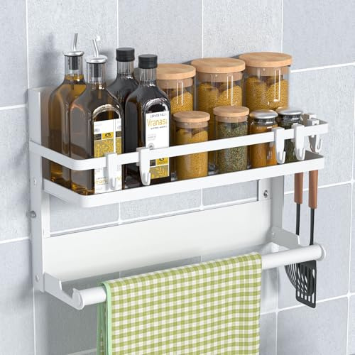 DUNSOO Porta Spezie per Frigorifero e Cucina, Scaffale Portaspezie con Porta Rotolo e 4 Gancio, Mensola Salvaspazio per Corridoio, Bagno o Cucina, Forte e Bello, Pratico (Bianco)